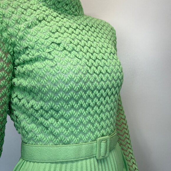 60s 70s Vintage Green Lace Bodice Dress with Permanent Pleated Skirt Belted XS - Picture 7 of 13